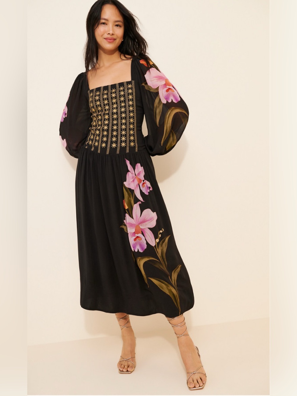 FARM Rio Anthropology Floral Long Sleeve Midi Dress